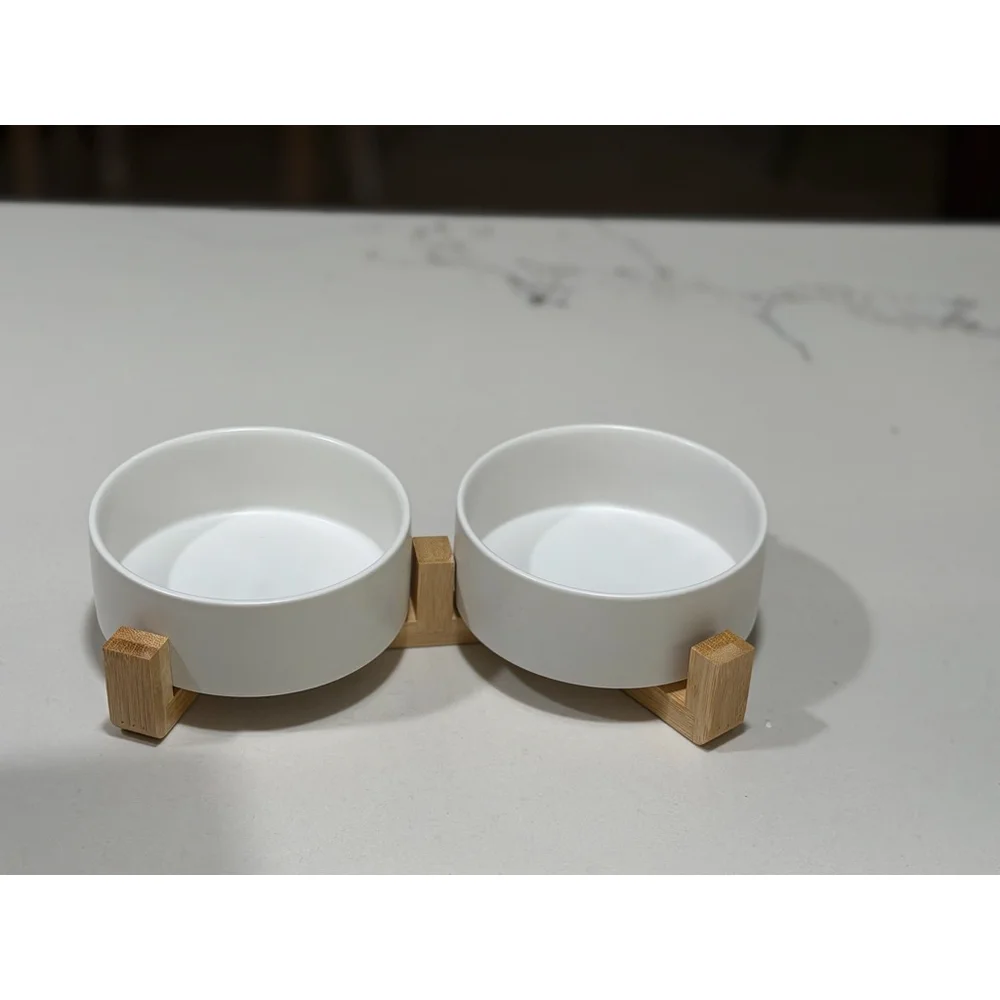 NEW Ceramic Dog Cat Bowl Set Wooden Stand Non-Slip Matte 13.5Oz